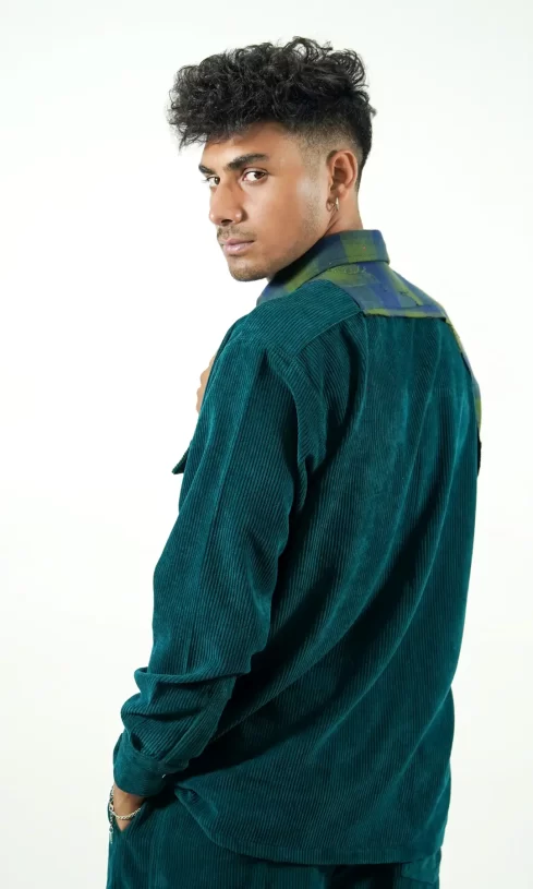 Green Corduroy Patchwork Plaid Shirt - Image 3