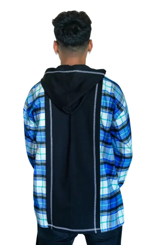 Blue Plaid Patchwork Hoodie - Image 3