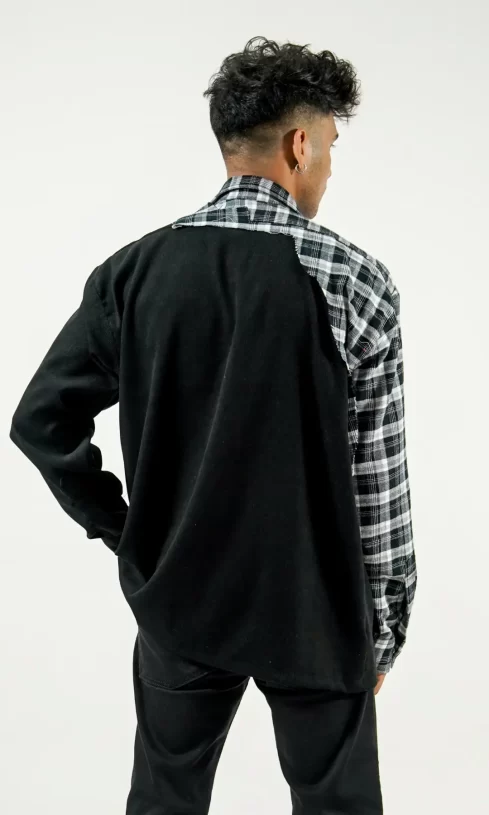 Black Corduroy Patchwork Plaid Shirt - Image 3